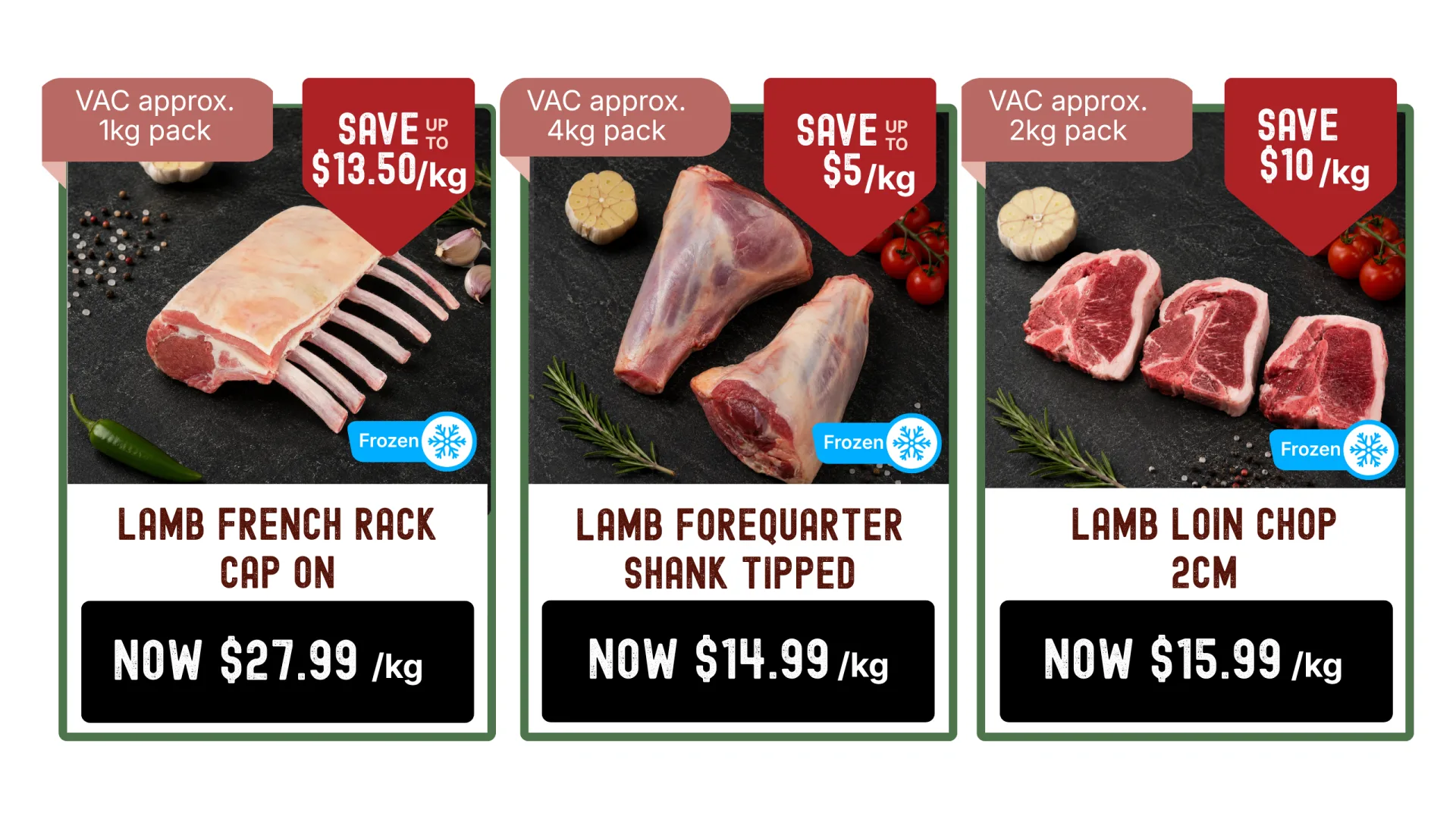 七月特卖 - 带盖羊法式肉排 每公斤$27.99、去小腿羊前腿 每公斤$14.99、2cm羊里脊排 每公斤$15.99 - 截止7月31日