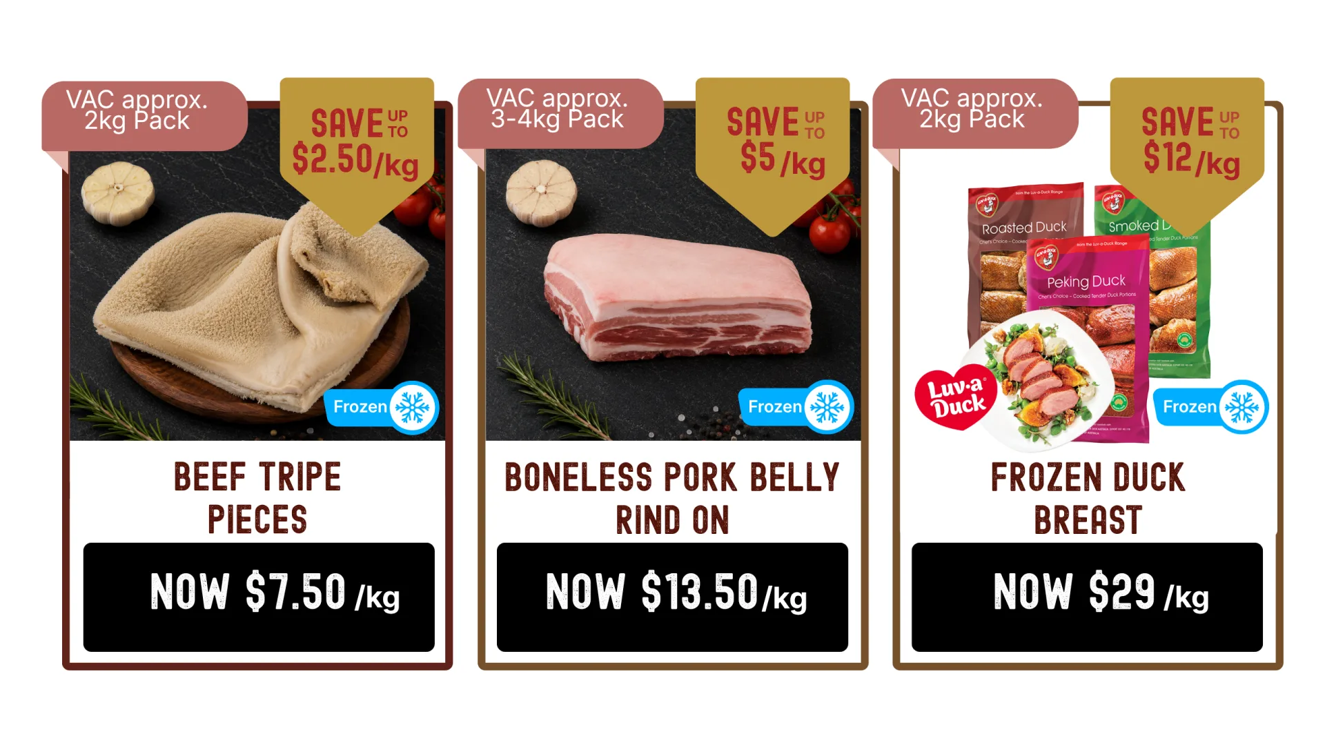 七月特卖 - 牛肚块 每公斤$7.50、带皮去骨五花肉 每公斤$13.50、冷冻鸭胸 每公斤$29 - 截止7月31日