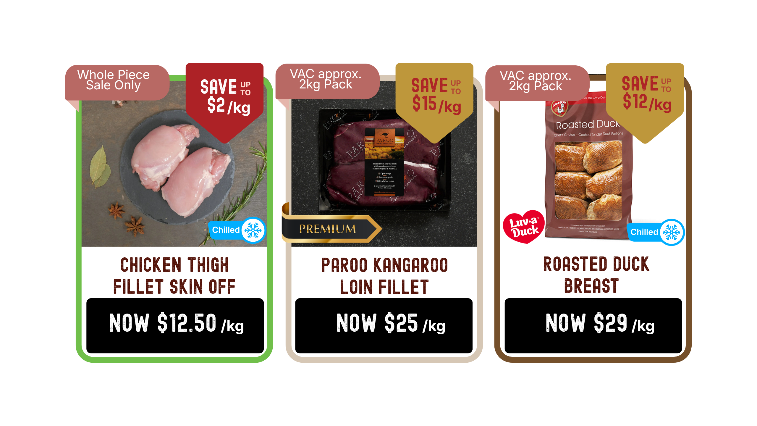 June Sale - Chicken Thigh Fillet, Paroo Kangaroo Loin Fillet and Roasted Duck Breast
