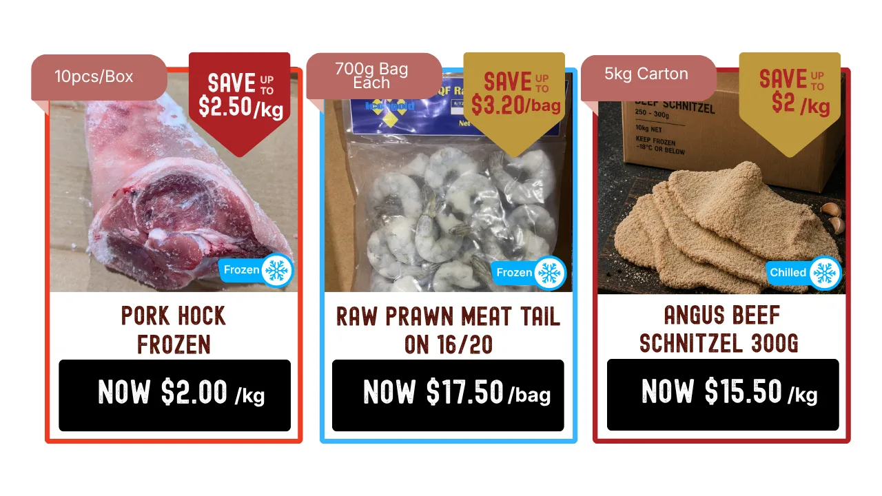 September Specials - Frozen Pork Hock now $2.00/kg, Raw Prawn Meat Tail On 16/20 $17.50 per 700g bag and Angus Beef Schnitzel 300g $15.50/kg - ends 26th September